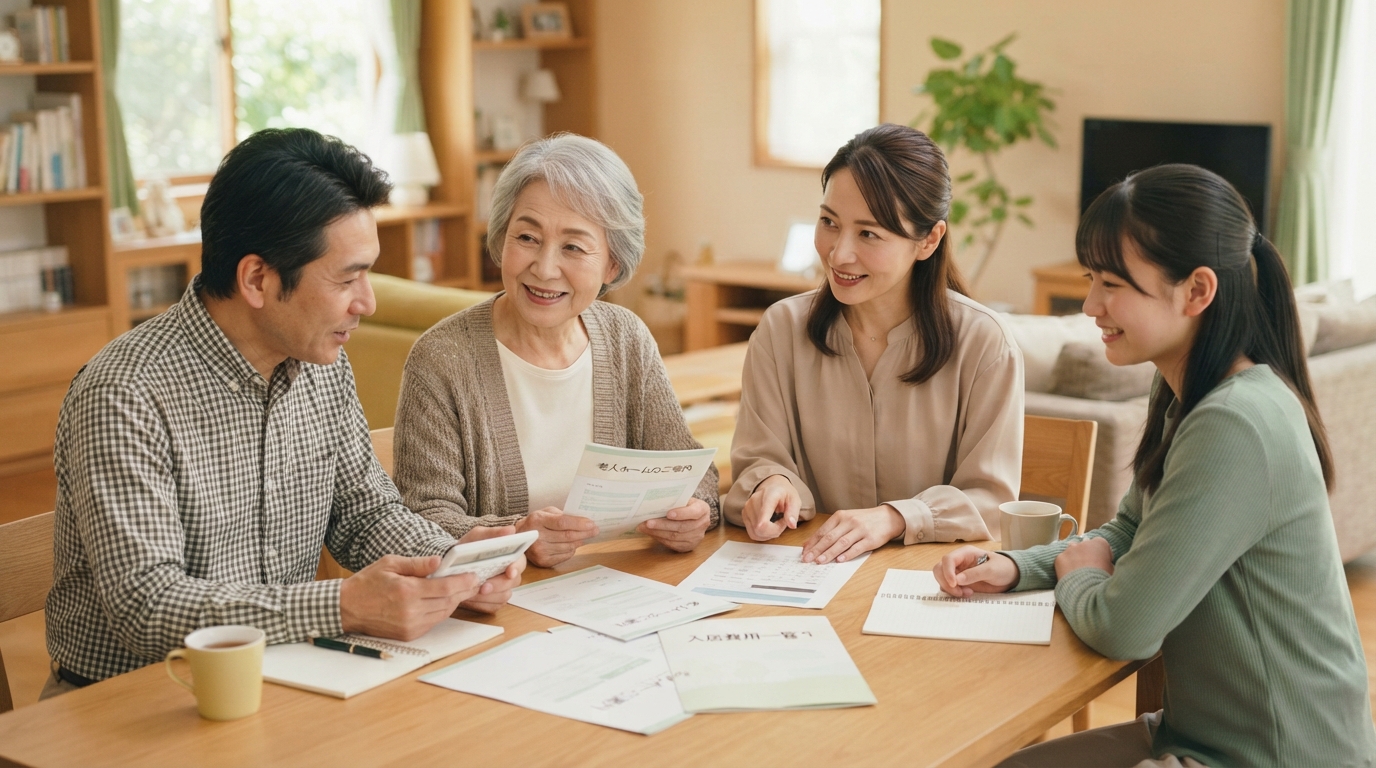 老人ホームの入居一時金のプランについて家族で相談している様子