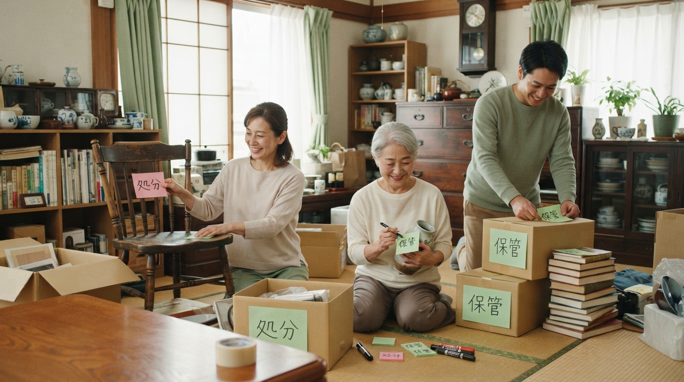 実家の一室に積み上がった古い家具や不用品、粗大ゴミの山