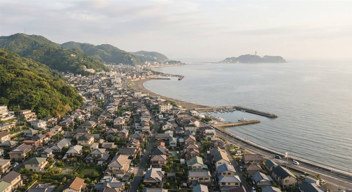 湘南の海岸線と住宅街